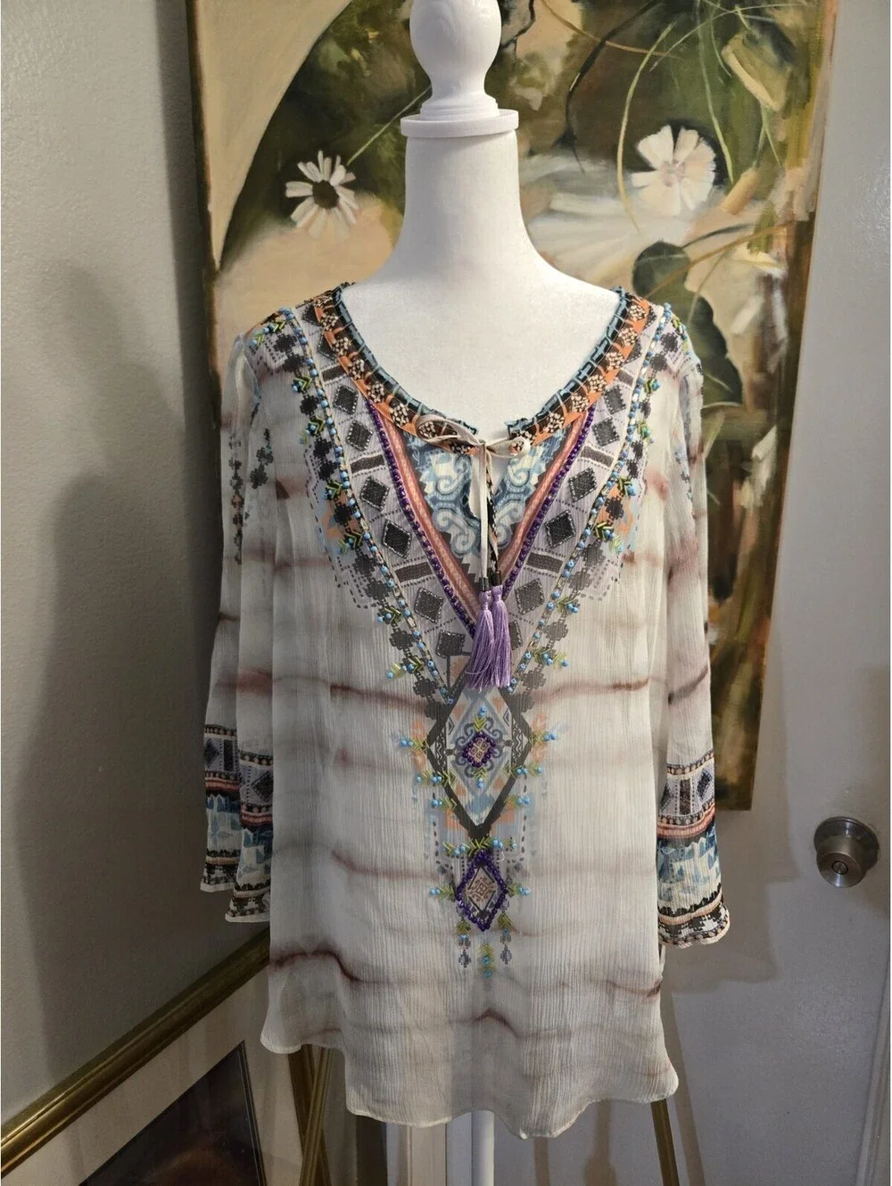 Hale Bob Women's Wearable Art Silk Crinkle Chiffon Beaded Detail Blouse Size M